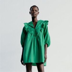 Zara Kelly Green Poplin Eyelet Dress, flounce shoulder M